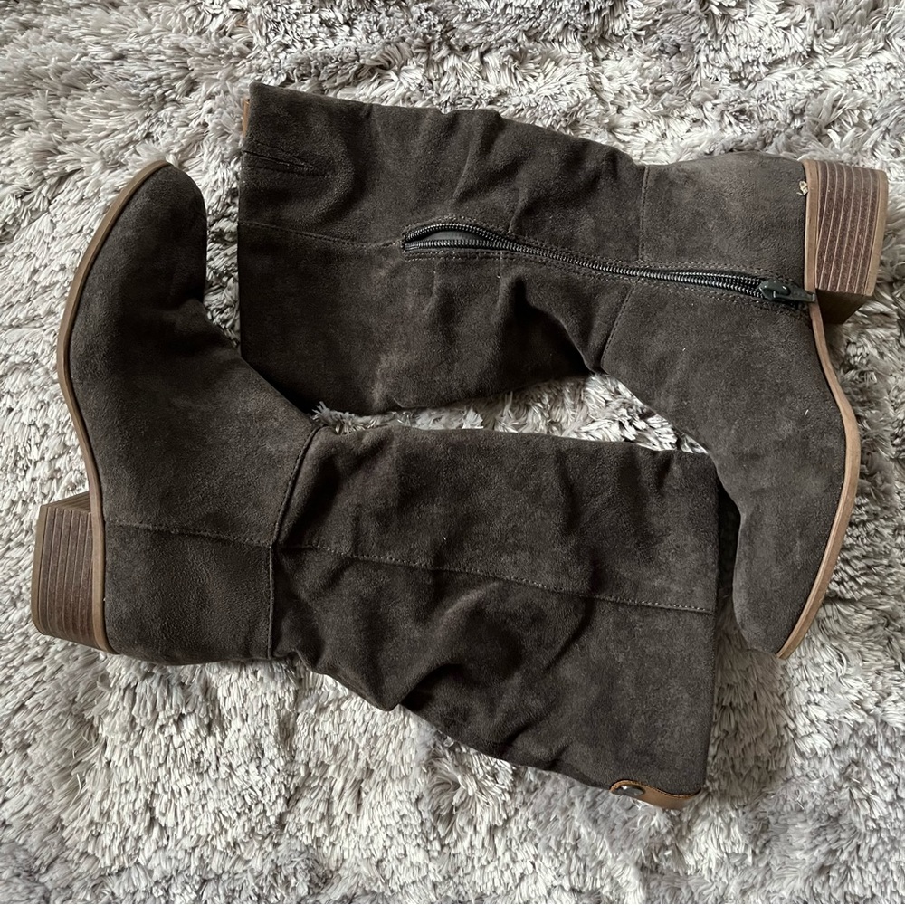 dark brown suede mid calf boots women’s 7